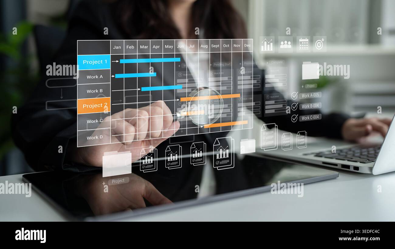 Digital visualization of multiple project timelines with progress tracking, documents, and team collaboration symbols Parse Stock Photo