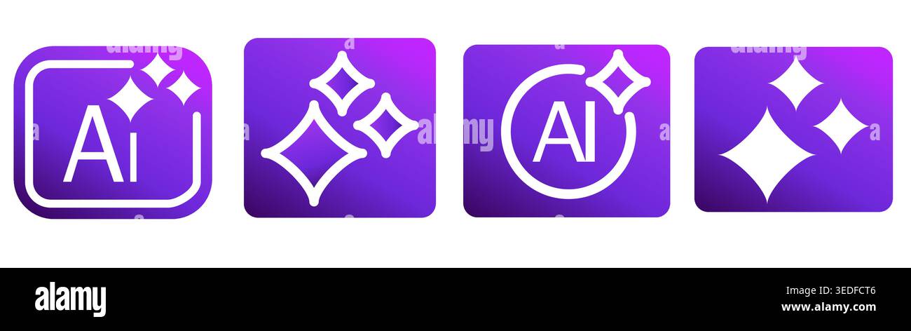 Shine Sparkle Icons with AI Symbol. Vector solid illustration, logo gradient, blue violet flat vector symbol Stock Vector