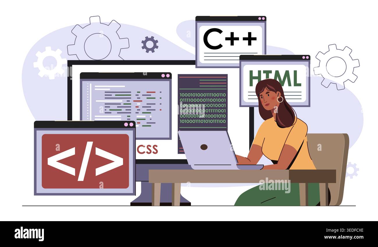 Web development concept. Woman with laptop coding for web page or website. Programmer and IT specialist write code for application. Backend developer Stock Vector