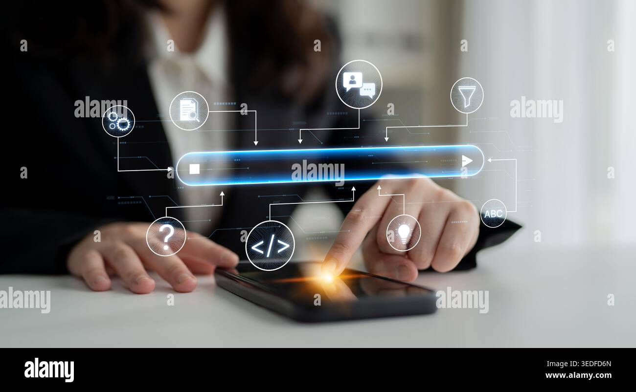 Generative search system powered by AI with data, process, intelligence, and automation in a seamless concept flow. Corpus Stock Photo