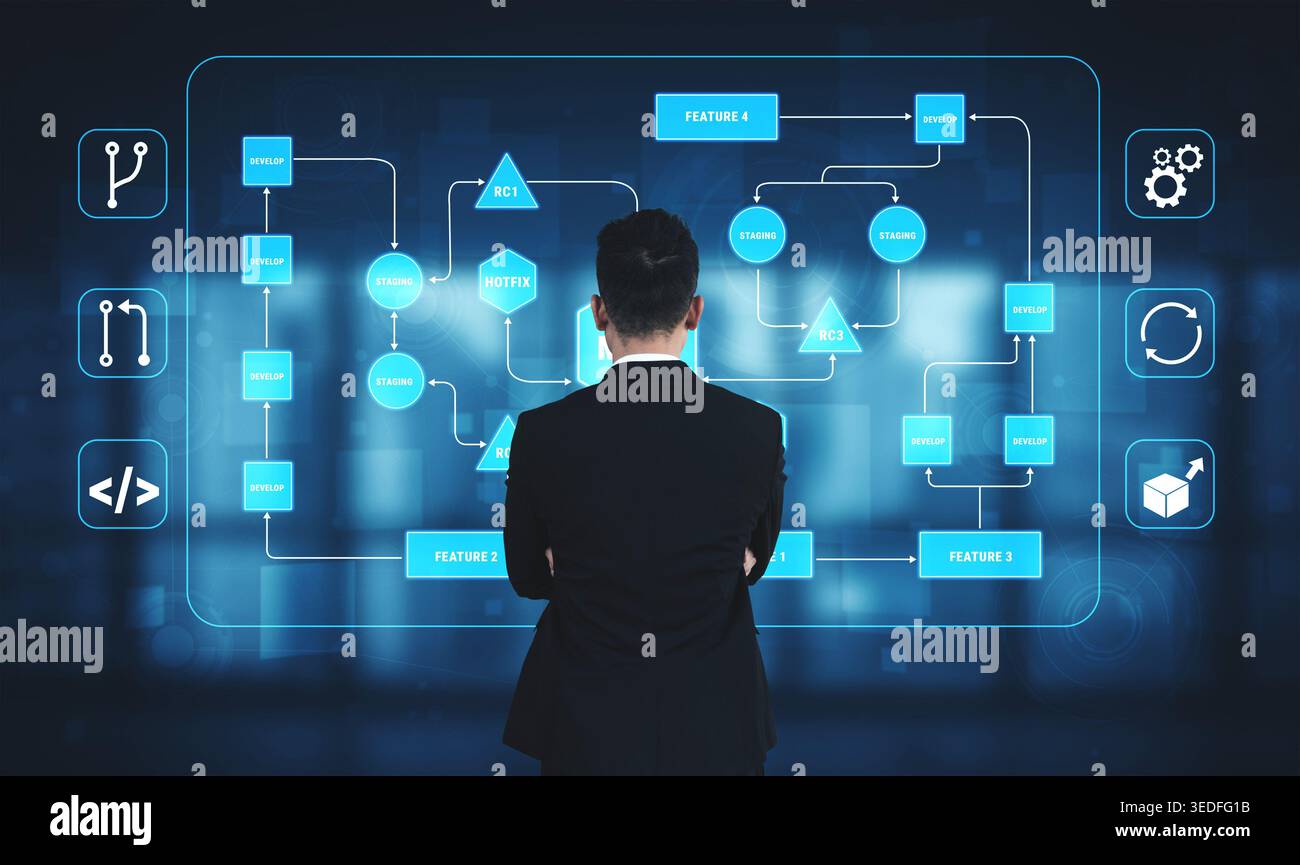 Businessman Analyzing Advanced Flowchart on Digital Interface in Modern Office Environment with Graphical Elements and Data Visualization Techniques Stock Photo