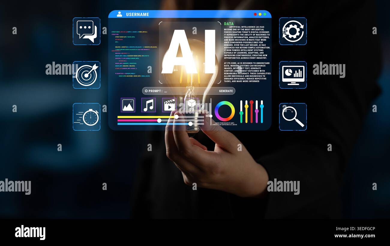 Futuristic Interface with AI Technology Visualization in Hand, Featuring Data Analytics, User Interaction, and Digital Elements for Modern Business Stock Photo
