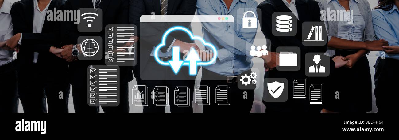 Cloud upload and download icon with surrounding data management, security, and analytics icons in digital interface Parse Stock Photo