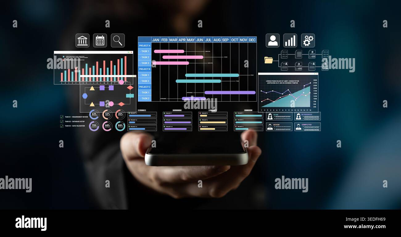 Dynamic Data Visualization Concept with Graphs Charts and Digital Interface on Smartphone Device in Business Environment Haptic. Stock Photo