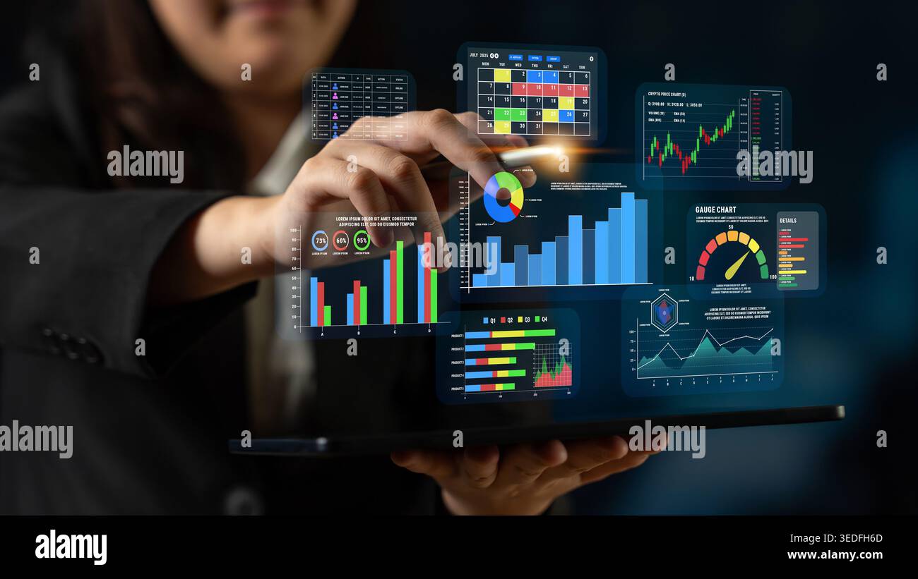 Business professional interacting with digital data visualization on tablet technology in modern workspace for analytics and reporting Quark. Stock Photo