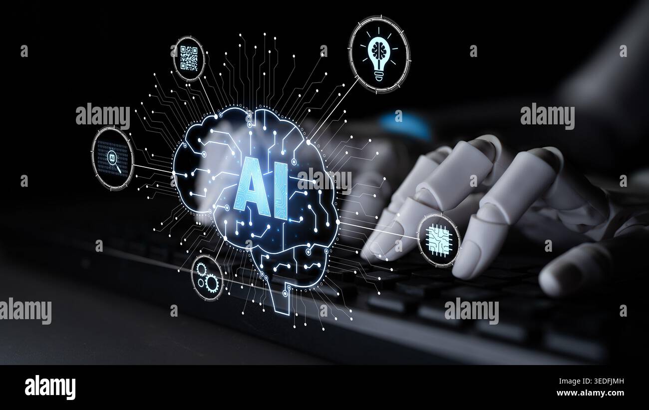 Artificial intelligence models neural signals for deep learning and cognitive computing. Train artificial intelligence to improve recognition Stock Photo