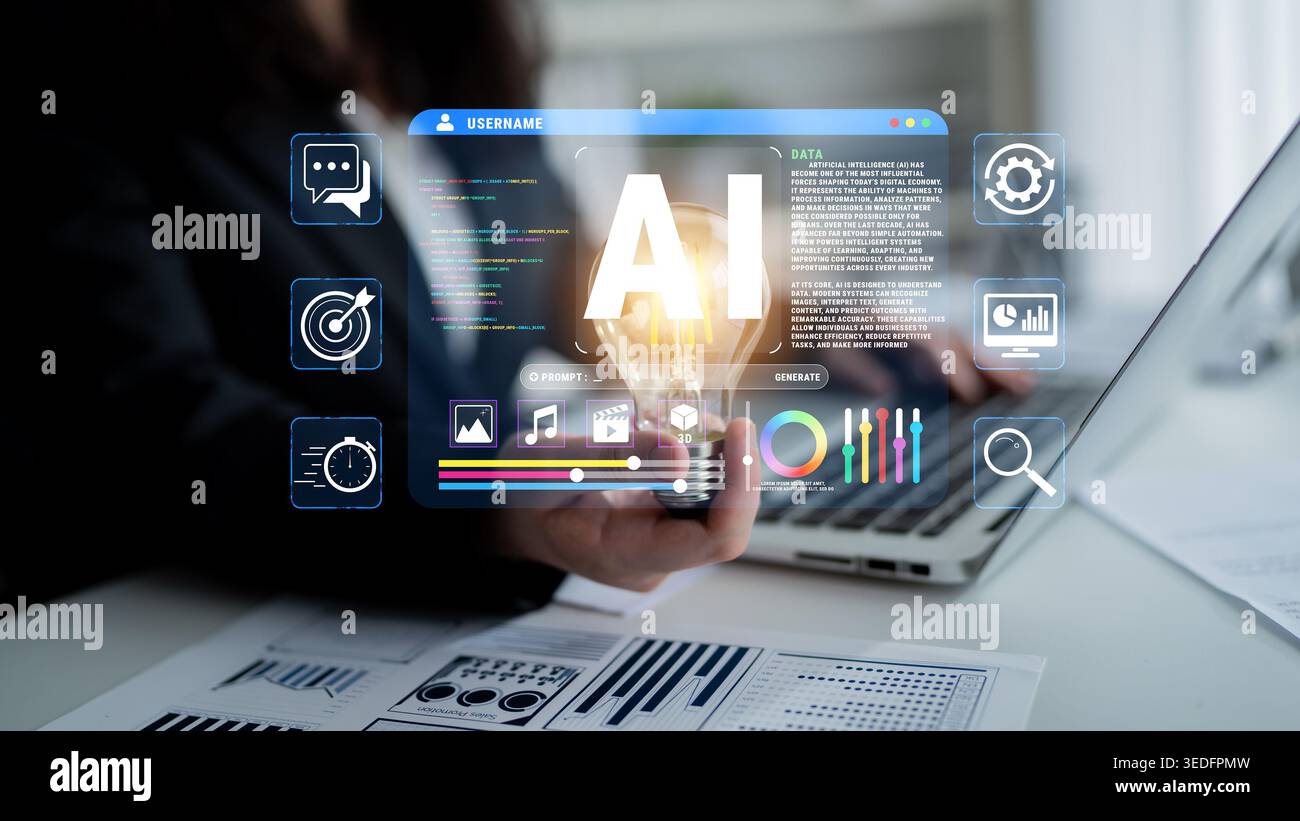 Innovative AI Technology Concepts with Data Visualization and Analysis in Modern Workspace Environment Using Laptop and Creative Graphics Quark. Stock Photo