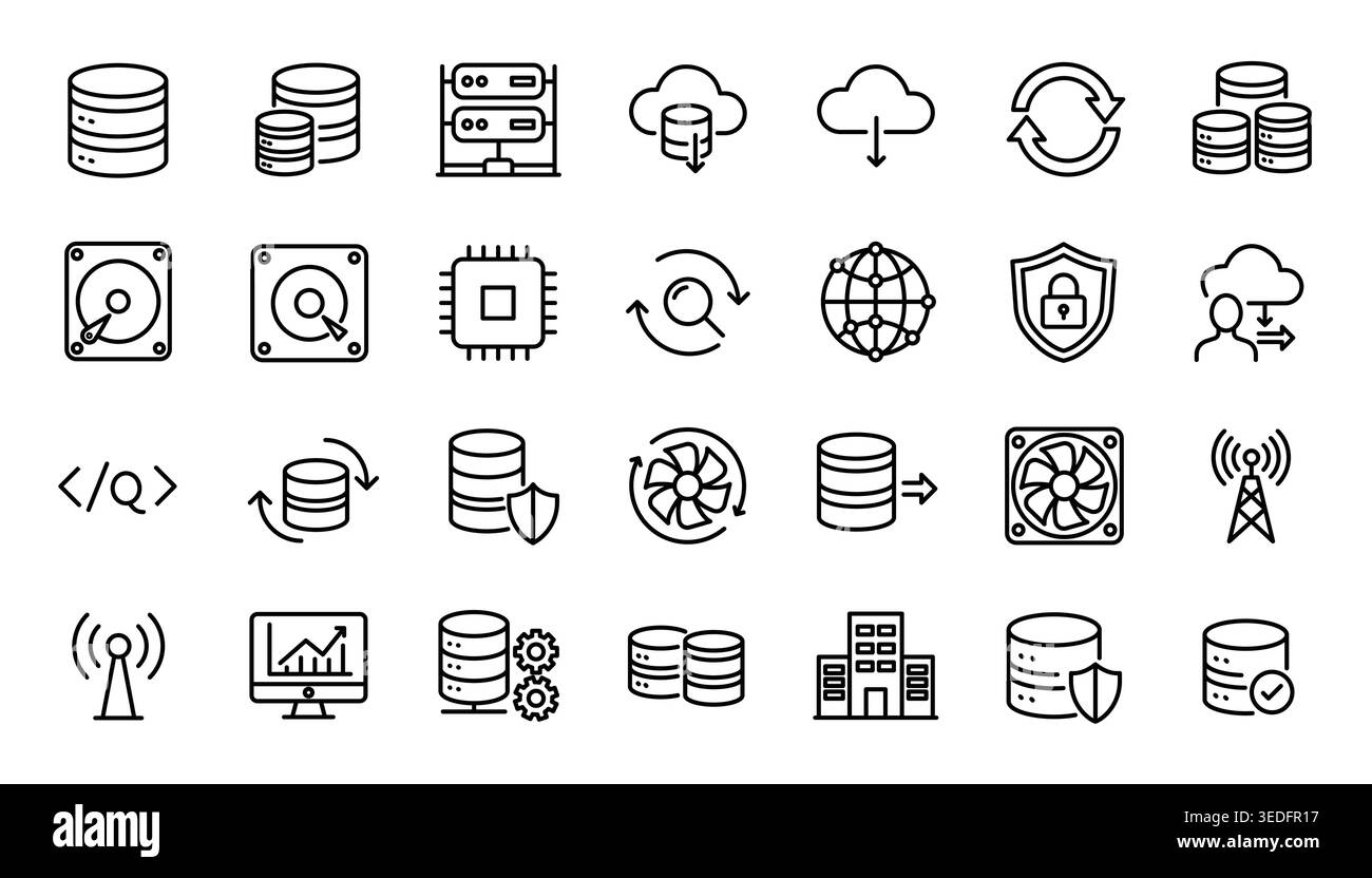 Big Data Storage Computing Server and Network Hardware Line Icon Set Stock Vector