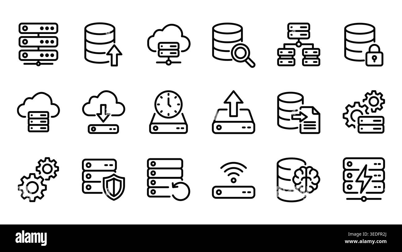 Big Data Center Computing and Database Management Line Icon Set Stock Vector