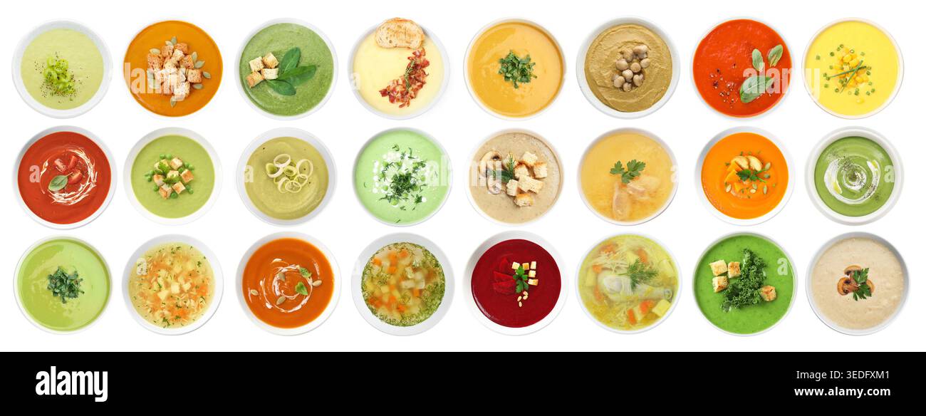 Different tasty soups in bowls isolated on white, collage. Top view Stock Photo