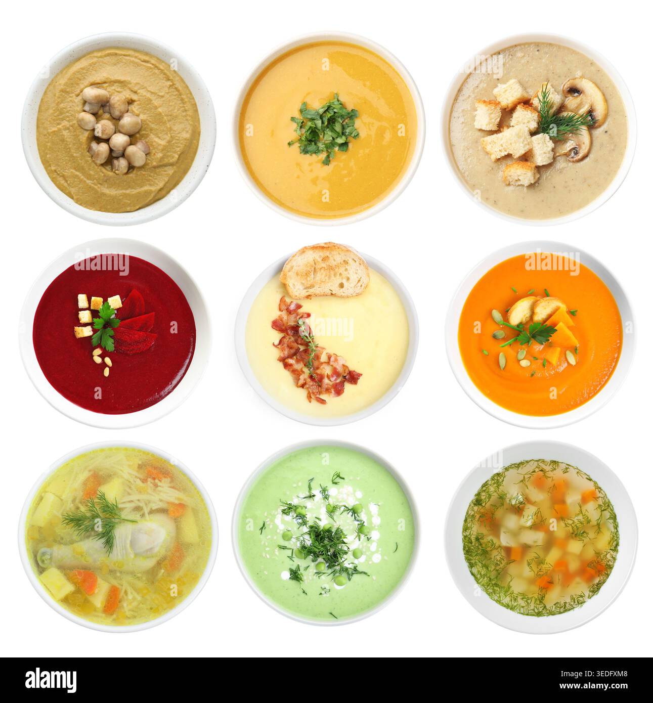 Different tasty soups in bowls isolated on white, collage. Top view Stock Photo