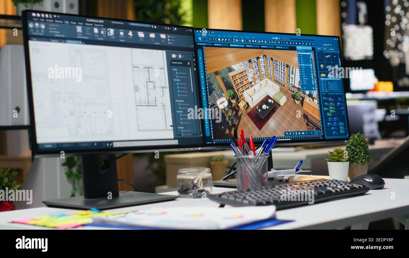 Modern architecture workspace featuring dual monitors with 3D rendering ...