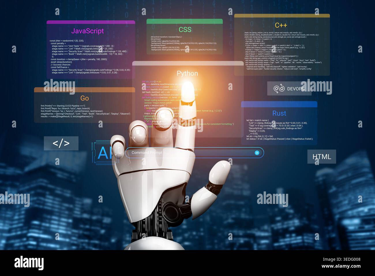 A robotic hand points to programming languages on a digital display, symbolizing the intersection of technology and innovation in software development Stock Photo