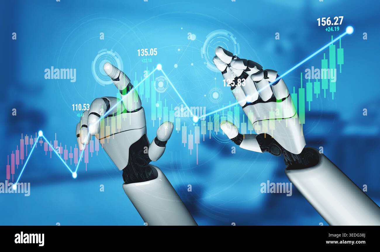 Futuristic robotic hands integrating with financial data visualization, demonstrating technology in finance and analytics, seamless interaction Stock Photo