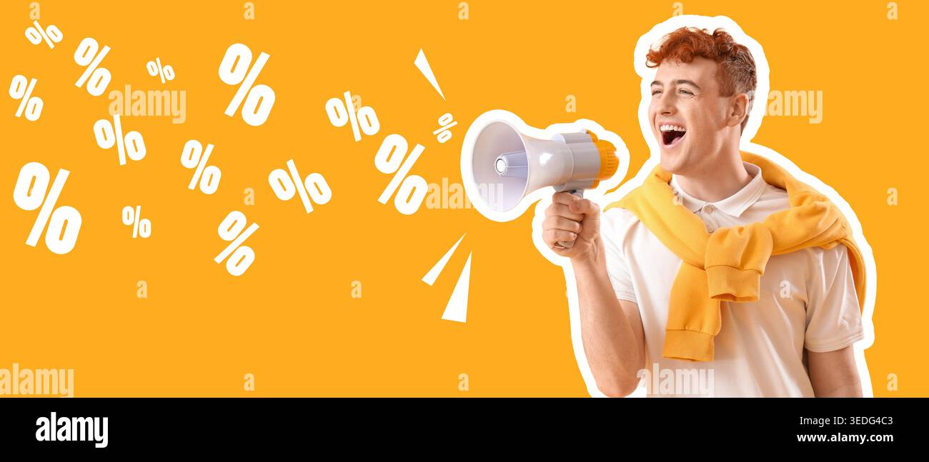 Young man with megaphone on yellow background. Discount concept Stock Photo