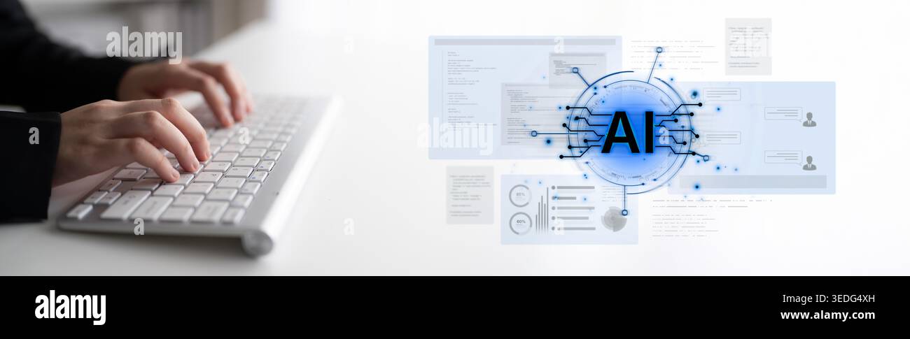 Futuristic software development concept featuring AI pair programmer, automated AI code generation, and real-time AI debugging. Ideal for DevOps and Stock Photo