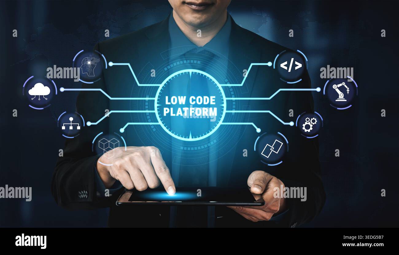Business Professional Interacting with Low Code Platform Technology Interface on Digital Tablet in Modern Workspace Quark. Stock Photo