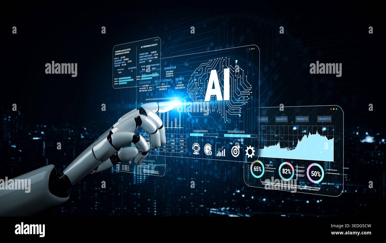 Futuristic robotic hand interacting with digital AI interface and data visualization graphics in a high-tech environment with glowing elements Fluxor. Stock Photo