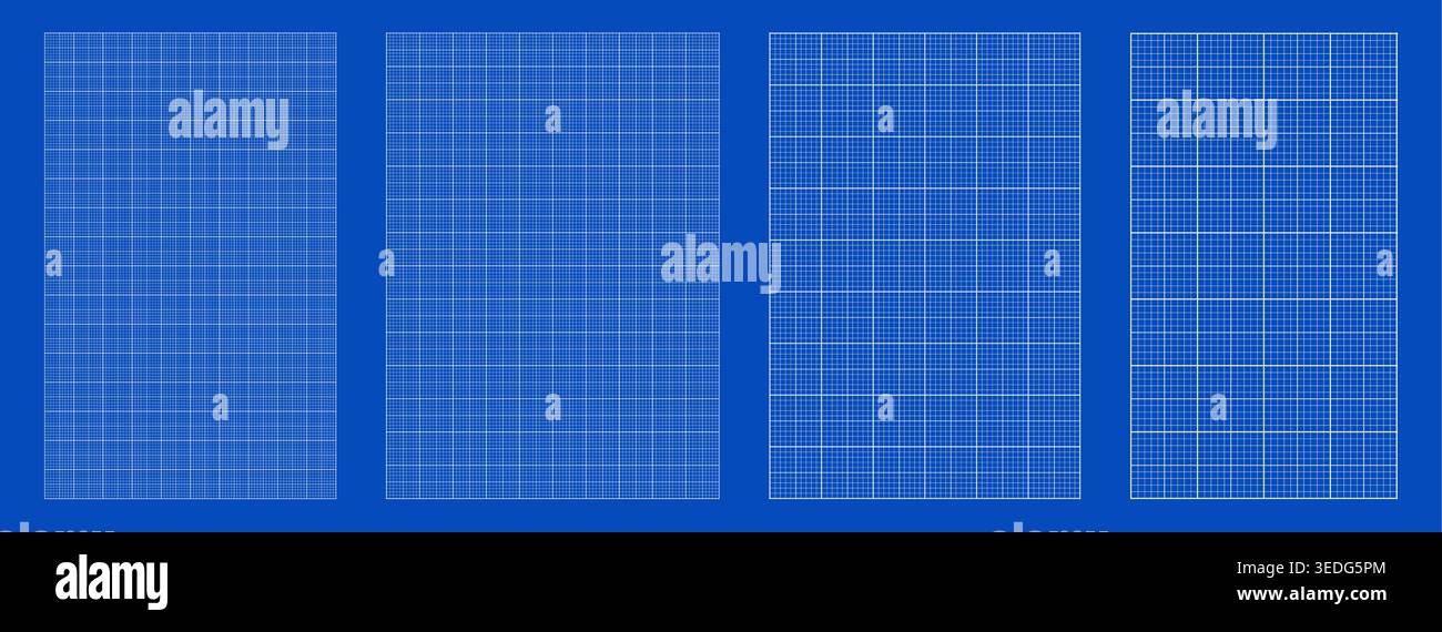 Blueprint grid set millimeter node geometry, four scale variations. Wide medium dense micro spacing comparison, engineering layouts dashboards notebook pages interface planning systems graphics. Stock Vector