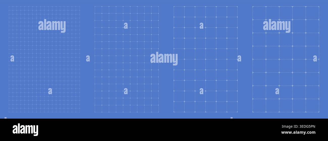 Blueprint grid set dashed plus geometry, four scale variations. Wide medium dense micro spacing comparison, engineering layouts dashboards notebook pages interface planning systems technology graphics Stock Vector