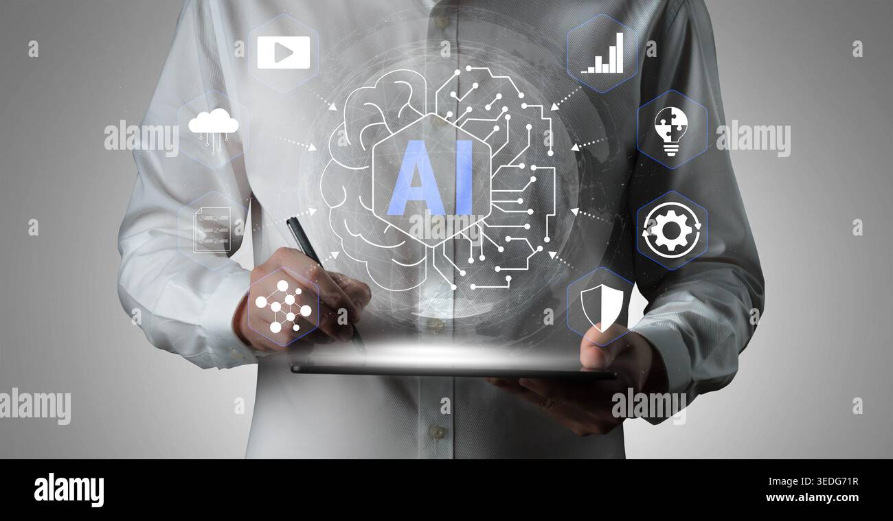 Business professional using digital tablet to illustrate artificial intelligence concepts with data visualization and modern technology icons Haptic. Stock Photo