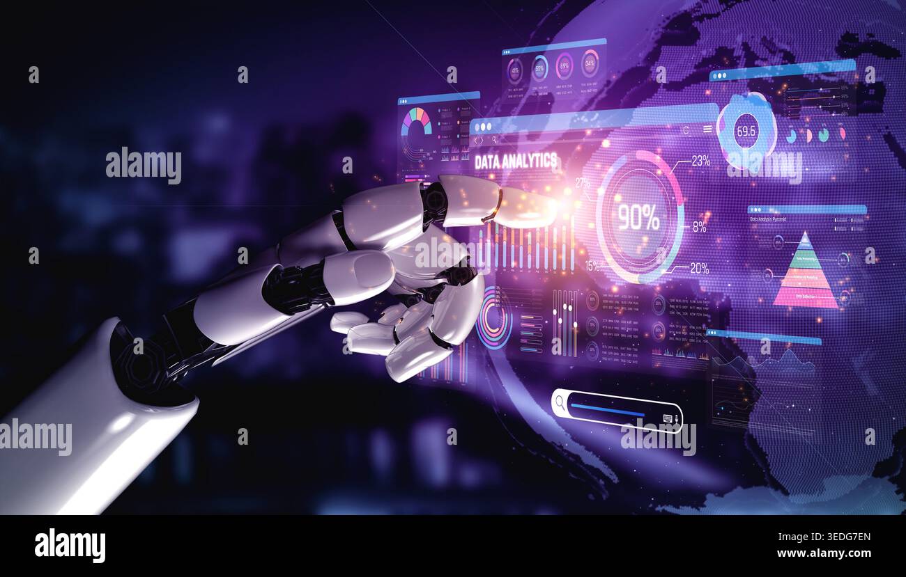 Futuristic Robot Hand Interacting with Data Analytics Interface Displaying Global Information and Graphs on Technology, Science, and Innovation Stock Photo