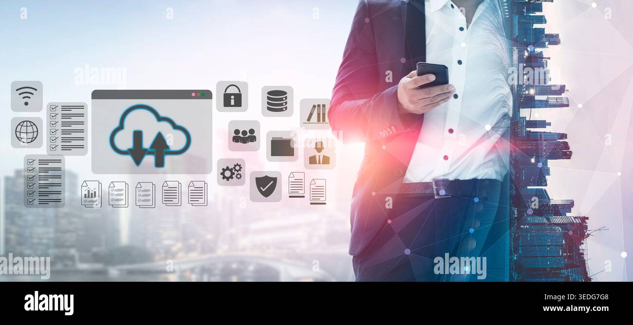 Cloud upload and download icon with surrounding data management, security, and analytics icons in digital interface Parse Stock Photo