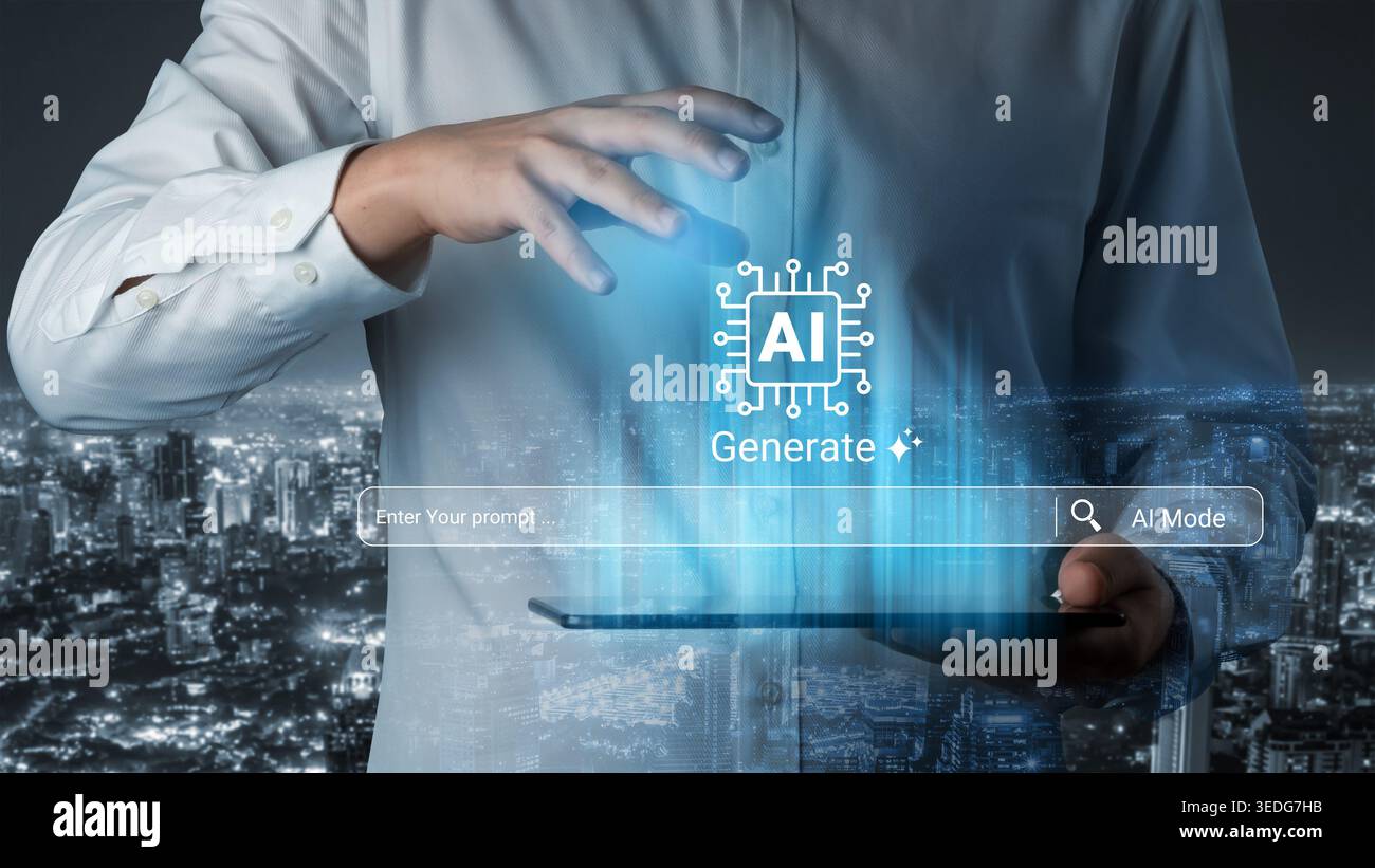A person interacts with a digital user interface representing artificial intelligence technology. The scene features a futuristic cityscape Stock Photo