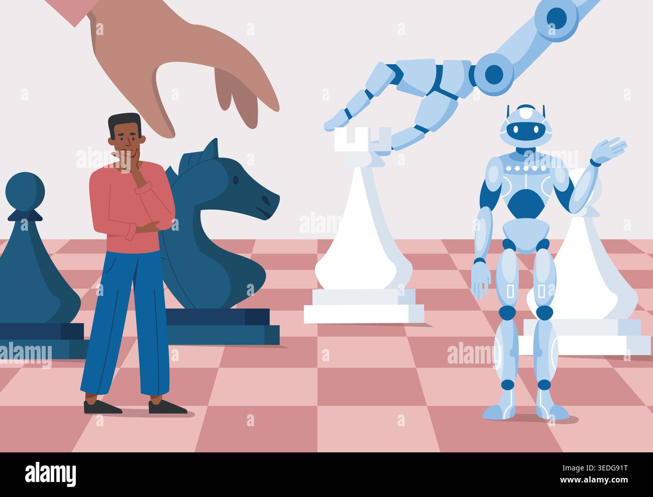 Human and robot chess scene. Vector illustration Stock Vector
