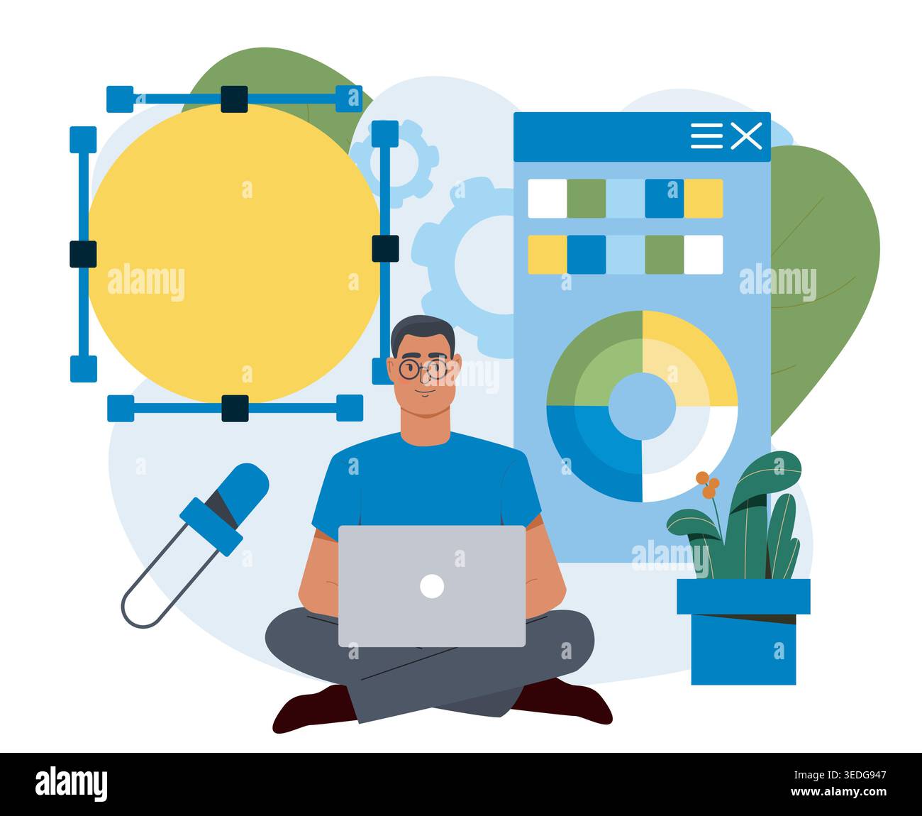 Designer working on graphic shapes. Vector illustration Stock Vector