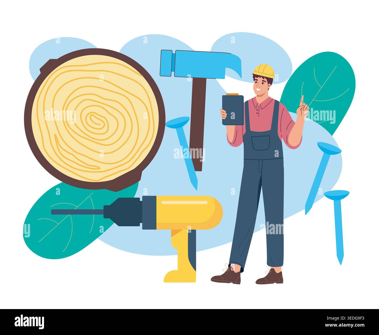 Worker with carpentry tools. Vector illustration Stock Vector