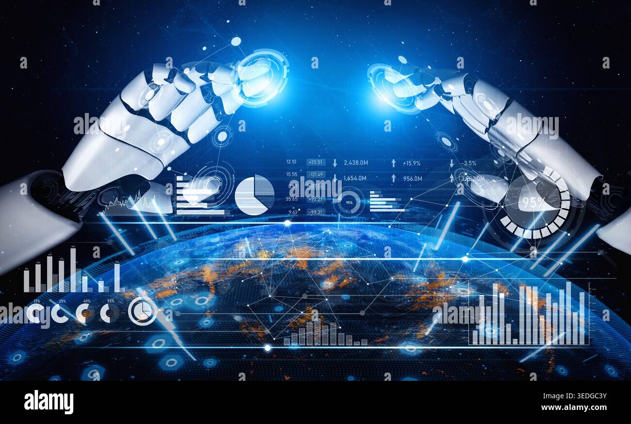 This image captures a futuristic scene featuring robotic arms interacting with a digital interface, showcasing global data analytics and technology Stock Photo