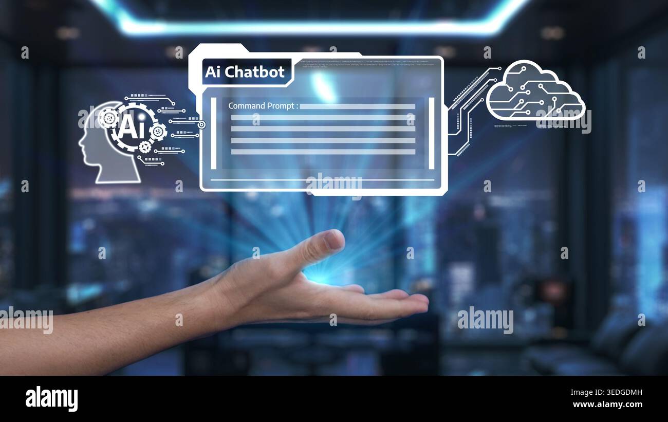 This image showcases a futuristic AI chatbot displayed on a digital interface, emphasizing technology and communication in a modern office environment Stock Photo