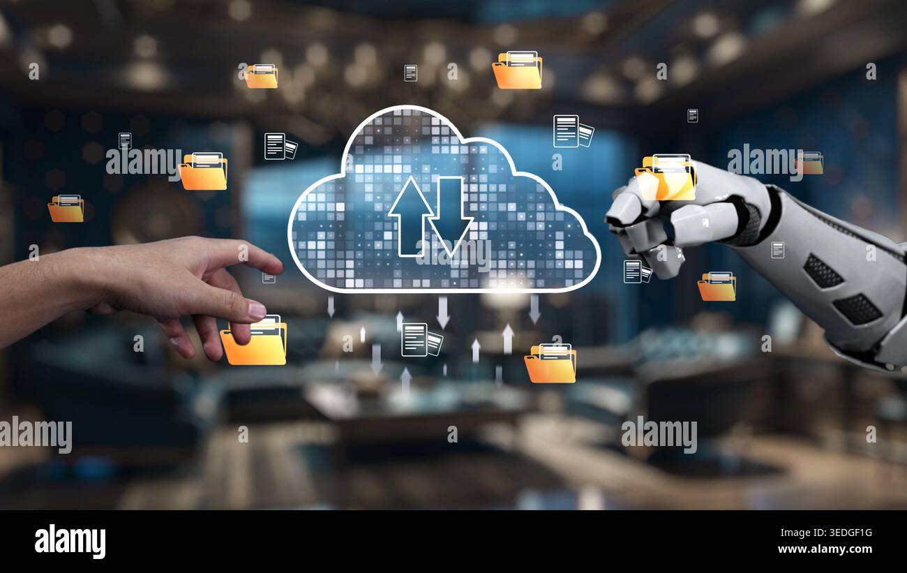 A concept image showcasing a human hand reaching toward a robotic arm amid a cloud computing environment, highlighting data transfer and digital Stock Photo