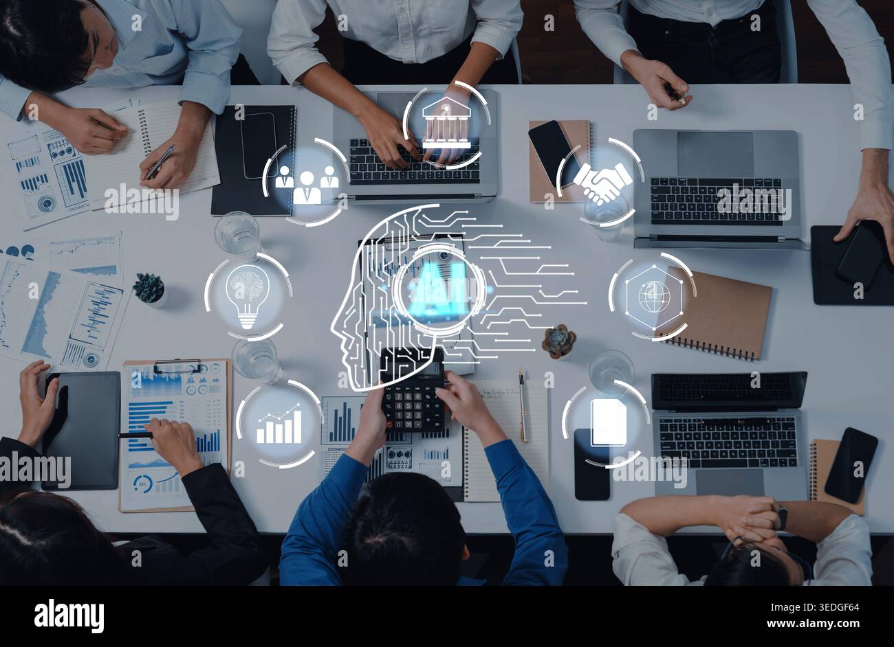 Group of Professionals Collaborating on AI Strategy with Laptops and Graphical Representations of Artificial Intelligence Concepts Quark. Stock Photo