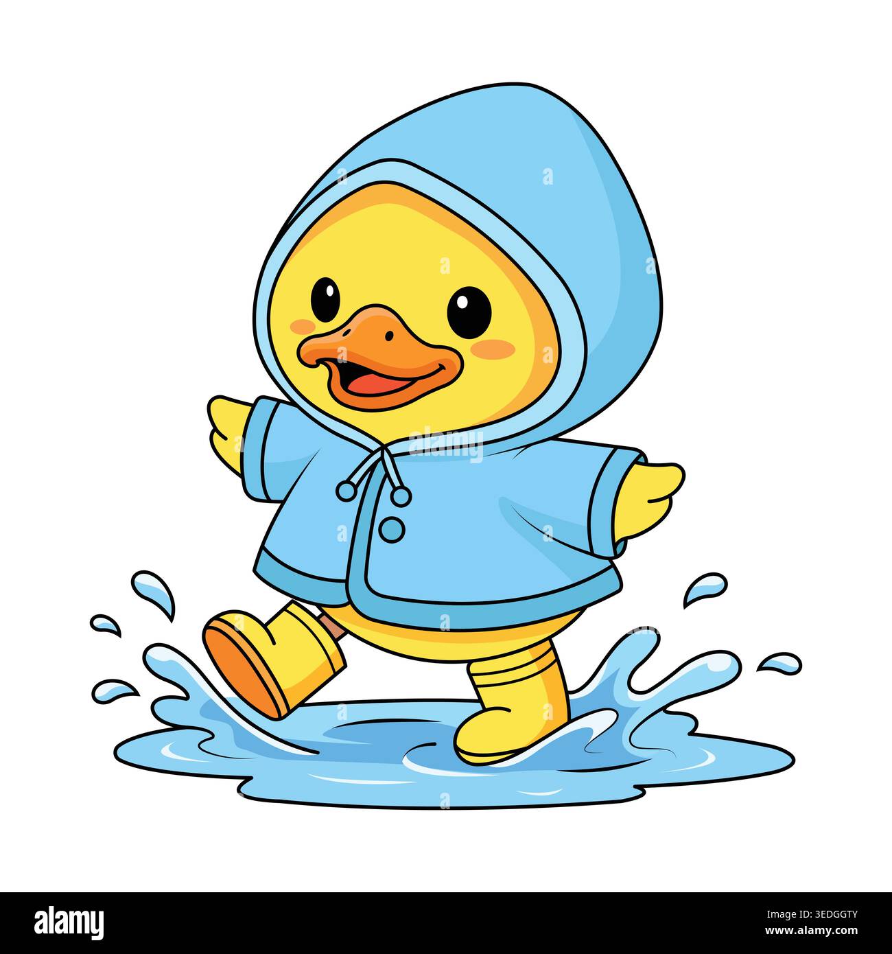 Splashing in Water Puddle Cute Baby Duck Wearing Blue Raincoat and Yellow Boots Vector Illustration Stock Vector