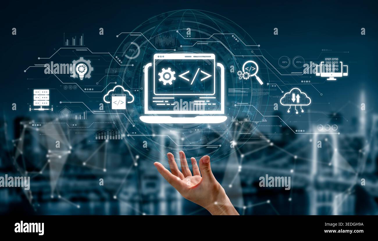 Modern web development concept featuring coding symbols, web development process, web development interface, and web development tools with futuristic Stock Photo