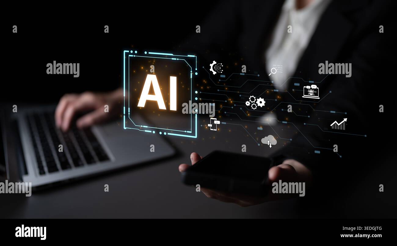 Concept of an enterprise Artificial Intelligence platform. The system integrates with various business processes like data analysis, cloud computing Stock Photo