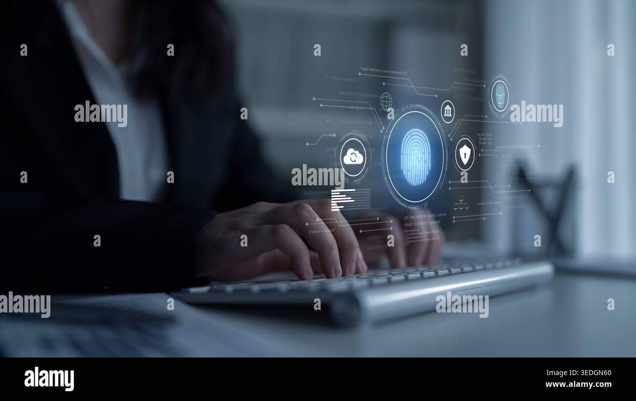 Biometric identity system using fingerprint and facial recognition to secure cloud access, protect sensitive data, and authenticate users in digital Stock Photo