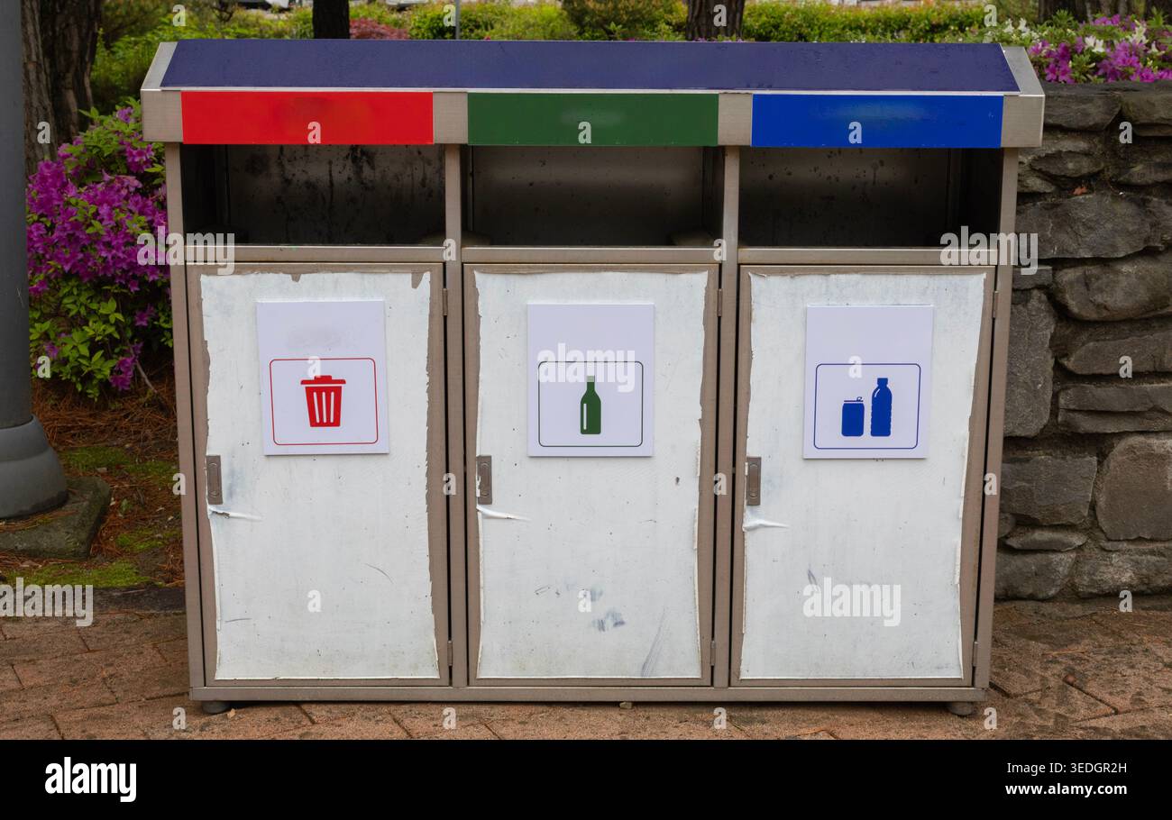 Recycling bins station hi-res stock photography and images - Alamy