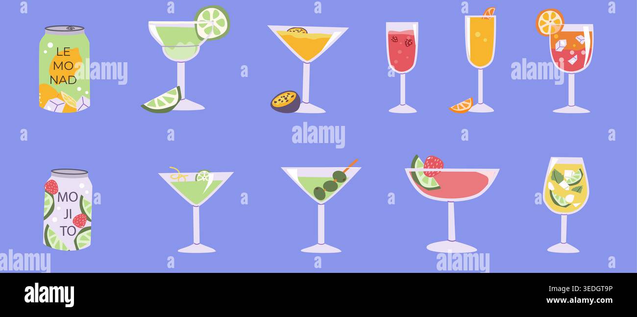 Set of cocktail drinks and beverage cans in flat cartoon style. Includes mojito, lemonade, and various cocktails - martini, spritz, margarita, mimosa, Stock Vector