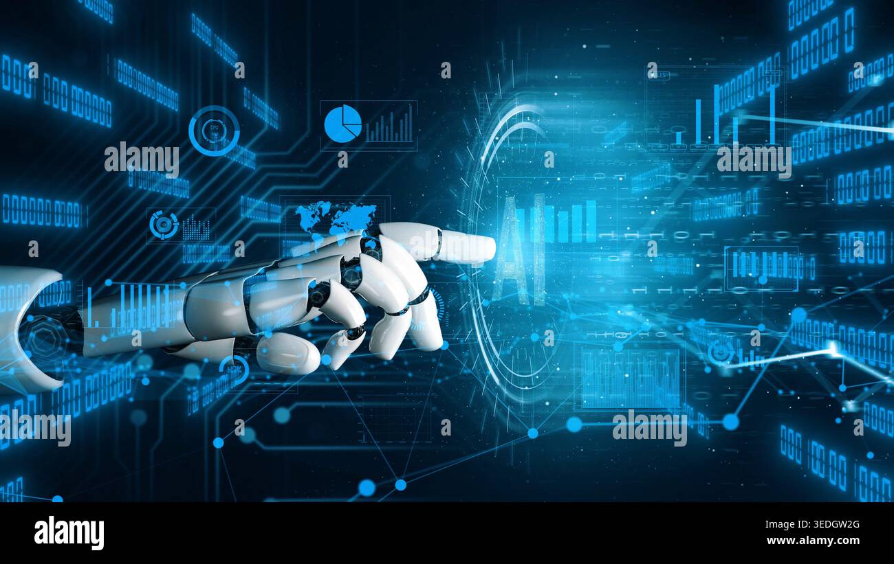 This captivating image features a robotic hand reaching out towards a complex data visualization, symbolizing advancements in artificial intelligence Stock Photo