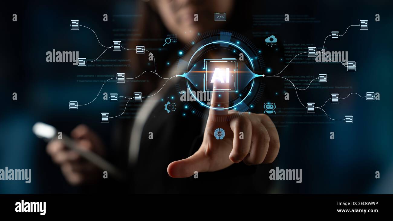 An AI-powered system for automating data workflows. The central intelligence processes and distributes information, managing complex data pipelines as Stock Photo