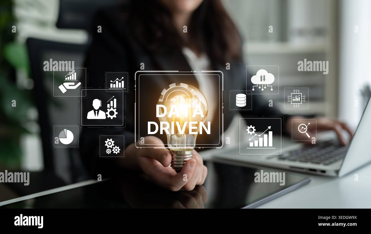 Data-driven decision-making empowers business through analytics, datum collection, and AI systems. Data driven tools support cloud data processing and Stock Photo