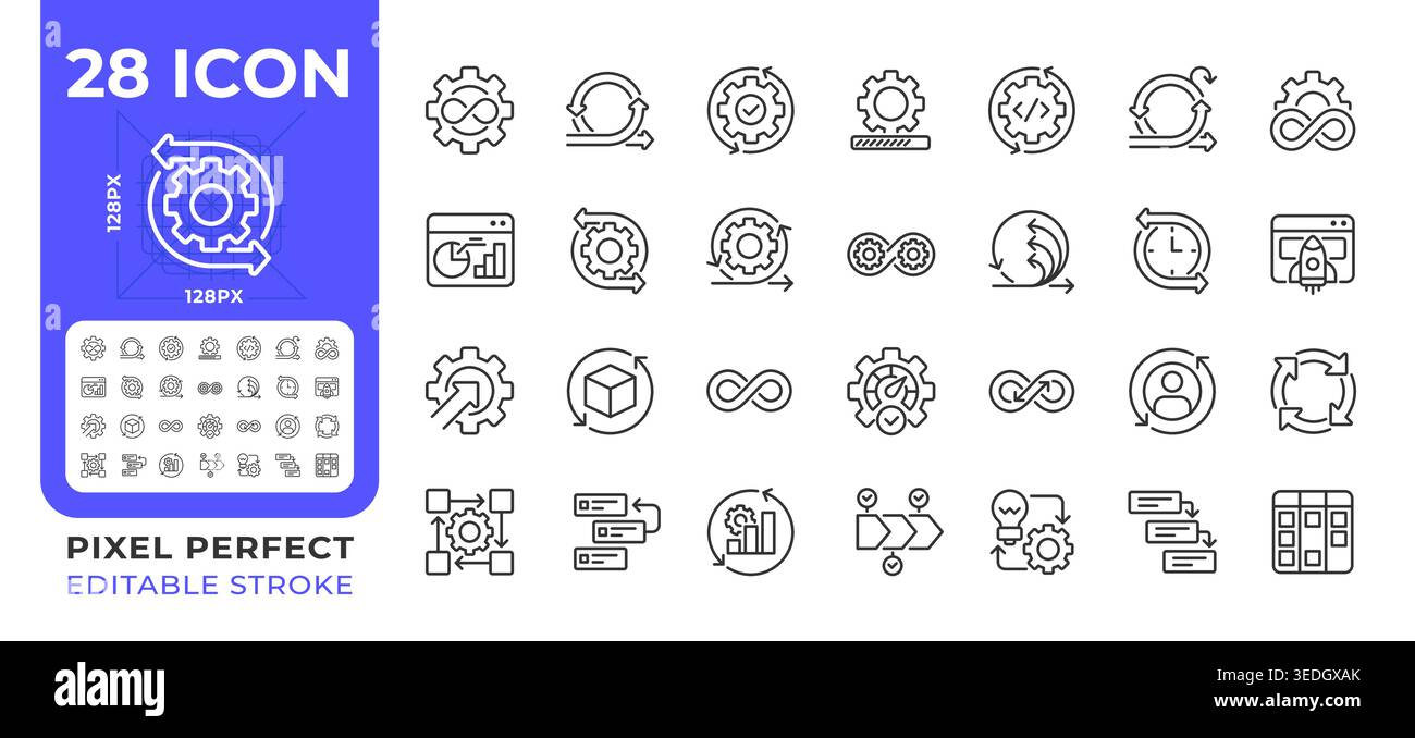 Continuous process pixel perfect line icons set Stock Vector