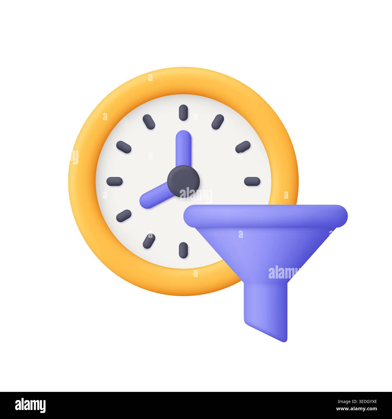 Yellow clock with purple funnel. Time management, workflow filtering, productivity optimization, scheduling, task prioritization and process efficienc Stock Vector