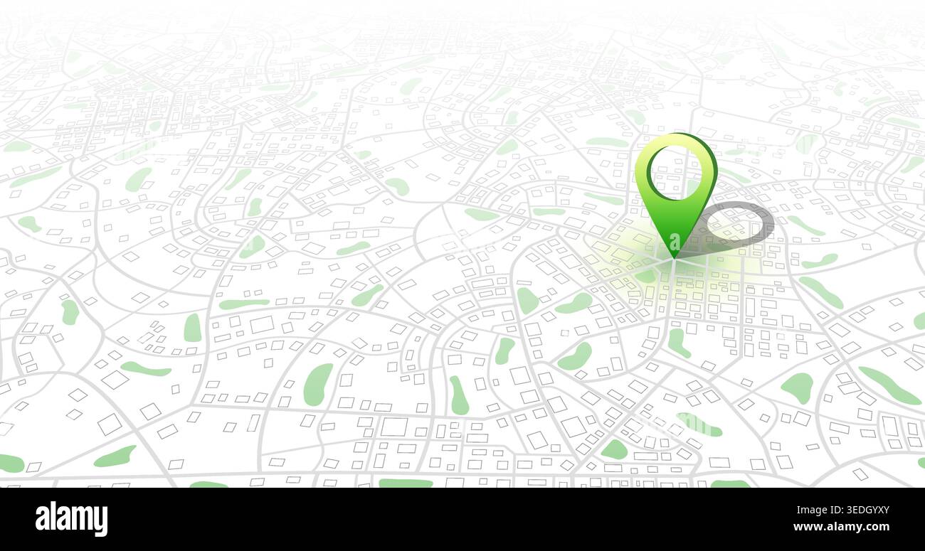 Perspective city map with green location pin. 3D urban town plan with ...