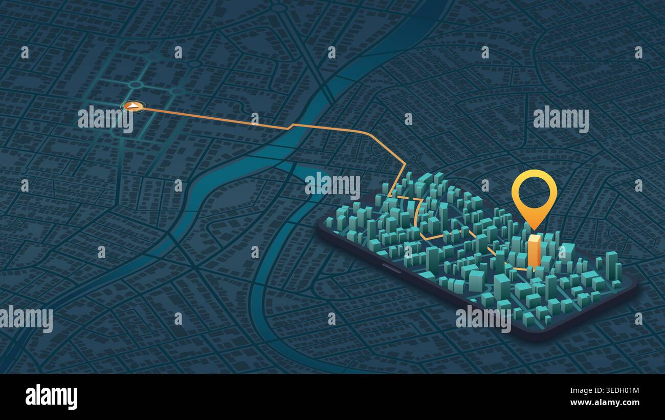 Giant mobile phone with city map on the screen. Isometric generic city map with signs. Abstract navigation plan of urban area. City streets Stock Vector