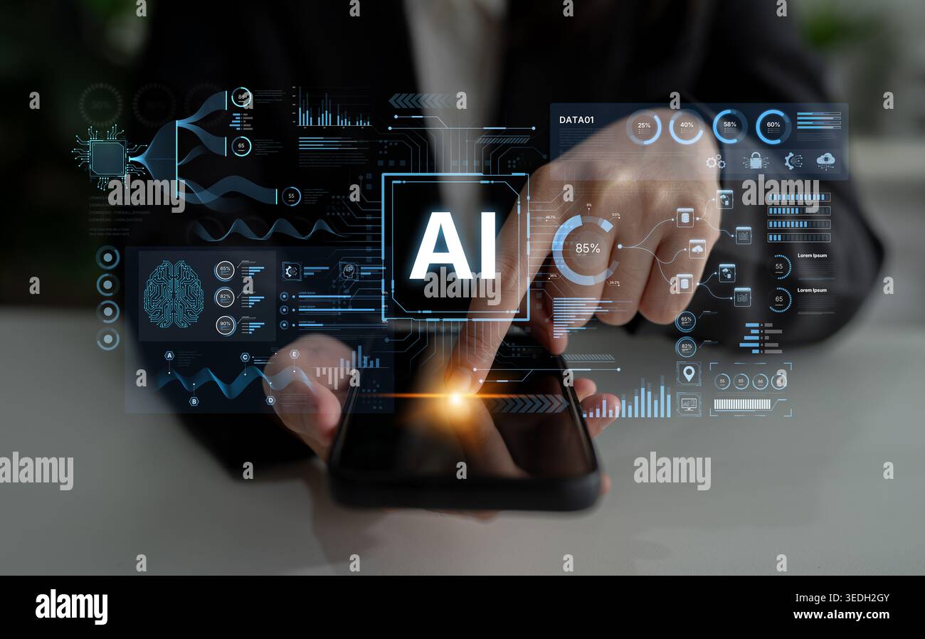 A futuristic AI dashboard for business intelligence. This platform showcases advanced data analytics, processing complex information into visual Stock Photo