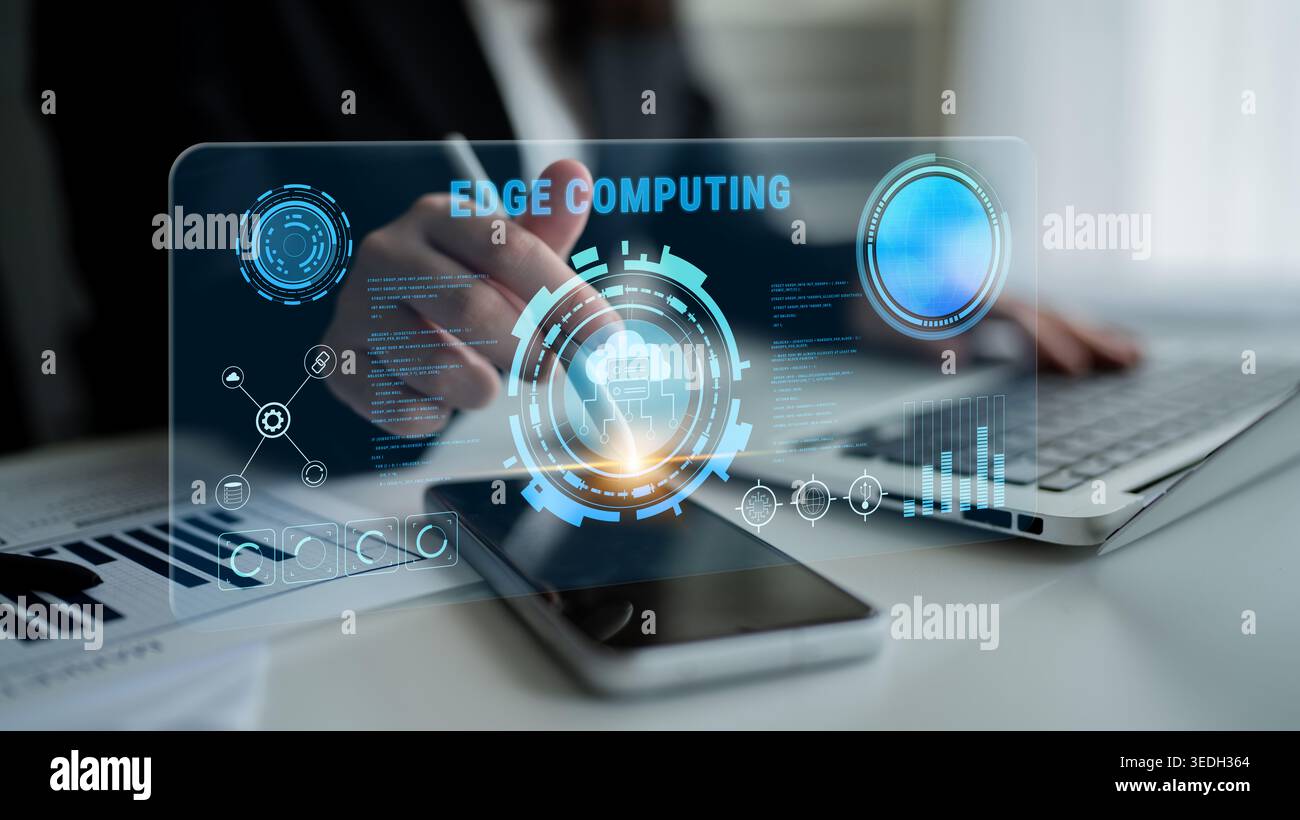 Edge computing technology for decentralized data processing and analysis. This solution improves speed and reliability by processing data locally Stock Photo